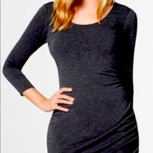 JustFab, 3/4 sleeve, open neck ruched knit dress. Gently worn, comfy & classy!